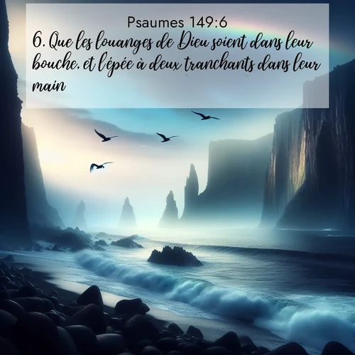 Segond21 Psaumes  ; image nature: image avec le verset biblique :Que les louanges de Dieu soient dans leur bouche, et l&#039;épée à deux tranchants dans leur main! ;  ; 149:6
