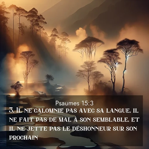 Segond21 Psaumes  ; image nature: image avec le verset biblique :Il ne calomnie pas avec sa langue, il ne fait pas de mal à son semblable, et il ne jette pas le déshonneur sur son prochain. ;  ; 15:3