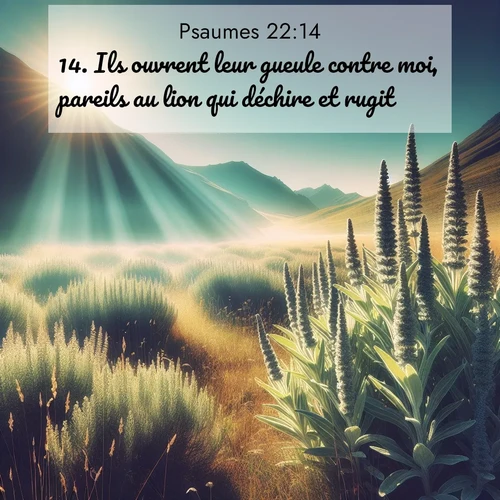 Segond21 Psaumes  ; image nature: image avec le verset biblique :Ils ouvrent leur gueule contre moi, pareils au lion qui déchire et rugit. ;  ; 22:14