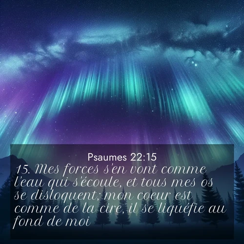 Segond21 Psaumes  ; image nature: image avec le verset biblique :Mes forces s&#039;en vont comme l&#039;eau qui s&#039;écoule, et tous mes os se disloquent; mon coeur est comme de la cire, il se liquéfie au fond de moi. ;  ; 22:15