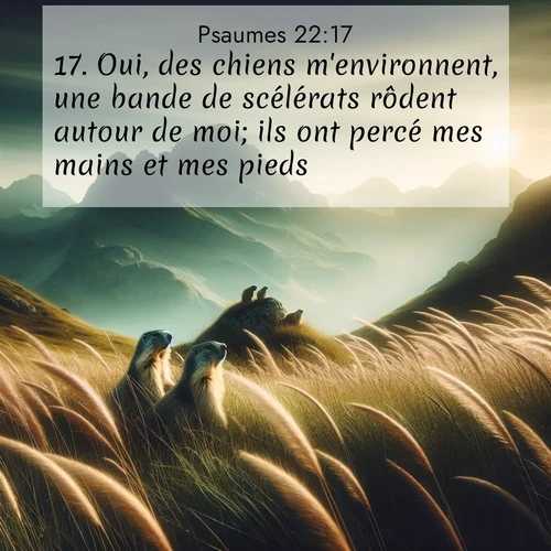 Segond21 Psaumes  ; image nature: image avec le verset biblique :Oui, des chiens m&#039;environnent, une bande de scélérats rôdent autour de moi; ils ont percé mes mains et mes pieds. ;  ; 22:17