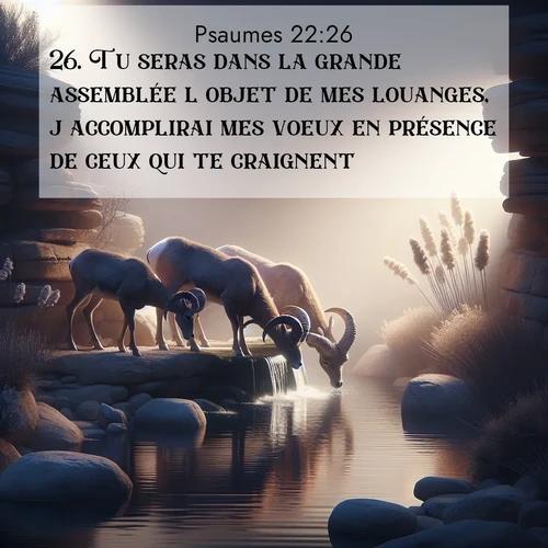 Segond21 Psaumes  ; image nature: image avec le verset biblique :Tu seras dans la grande assemblée l&#039;objet de mes louanges, j&#039;accomplirai mes voeux en présence de ceux qui te craignent. ;  ; 22:26