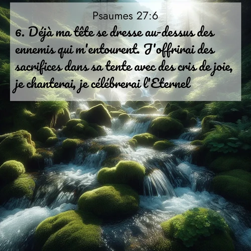 Segond21 Psaumes  ; image nature: image avec le verset biblique :Déjà ma tête se dresse au-dessus des ennemis qui m&#039;entourent. J&#039;offrirai des sacrifices dans sa tente avec des cris de joie, je chanterai, je célébrerai l&#039;Eternel. ;  ; 27:6