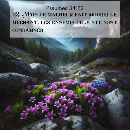 Segond21 Psaumes  ; image nature: image avec le verset biblique :Mais le malheur fait mourir le méchant, les ennemis du juste sont condamnés. ;  ; 34:22
