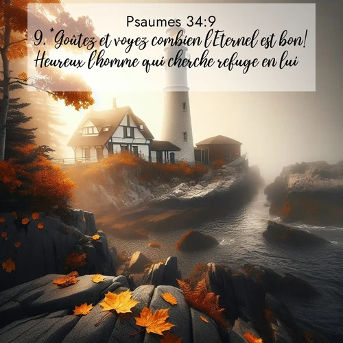 Segond21 Psaumes  ; image nature: image avec le verset biblique :*Goûtez et voyez combien l&#039;Eternel est bon! Heureux l&#039;homme qui cherche refuge en lui! ;  ; 34:9