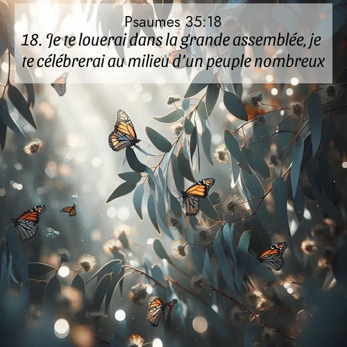 Segond21 Psaumes  ; image nature: image avec le verset biblique :Je te louerai dans la grande assemblée, je te célébrerai au milieu d&#039;un peuple nombreux. ;  ; 35:18
