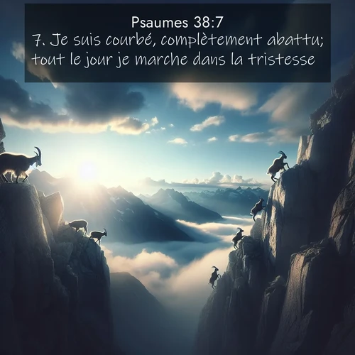 Segond21 Psaumes  ; image nature: image avec le verset biblique :Je suis courbé, complètement abattu; tout le jour je marche dans la tristesse, ;  ; 38:7