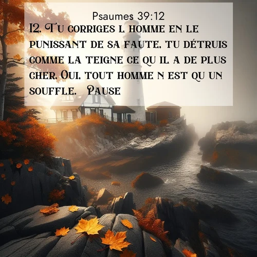 Segond21 Psaumes  ; image nature: image avec le verset biblique :Tu corriges l&#039;homme en le punissant de sa faute, tu détruis comme la teigne ce qu&#039;il a de plus cher. Oui, tout homme n&#039;est qu&#039;un souffle.           Pause. ;  ; 39:12