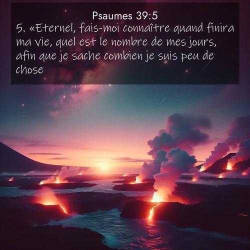 Segond21 Psaumes  ; image nature: image avec le verset biblique :«Eternel, fais-moi connaître quand finira ma vie, quel est le nombre de mes jours, afin que je sache combien je suis peu de chose. ;  ; 39:5
