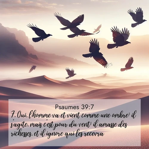 Segond21 Psaumes  ; image nature: image avec le verset biblique :Oui, l&#039;homme va et vient comme une ombre: il s&#039;agite, mais c&#039;est pour du vent; il amasse des richesses, et il ignore qui les recevra. ;  ; 39:7