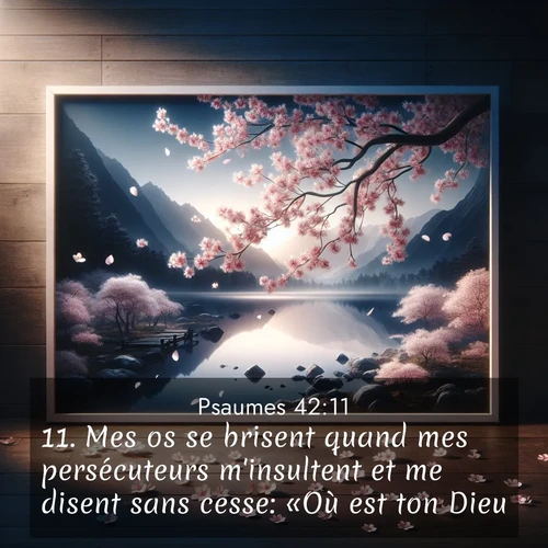 Segond21 Psaumes  ; image nature: image avec le verset biblique :Mes os se brisent quand mes persécuteurs m&#039;insultent et me disent sans cesse: «Où est ton Dieu?» ;  ; 42:11