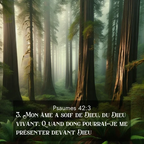 Segond21 Psaumes  ; image nature: image avec le verset biblique :Mon âme a soif de Dieu, du Dieu vivant. Quand donc pourrai-je me présenter devant Dieu? ;  ; 42:3