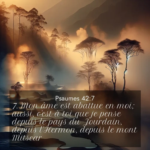 Segond21 Psaumes  ; image nature: image avec le verset biblique :Mon âme est abattue en moi; aussi, c&#039;est à toi que je pense depuis le pays du Jourdain, depuis l&#039;Hermon, depuis le mont Mitsear. ;  ; 42:7