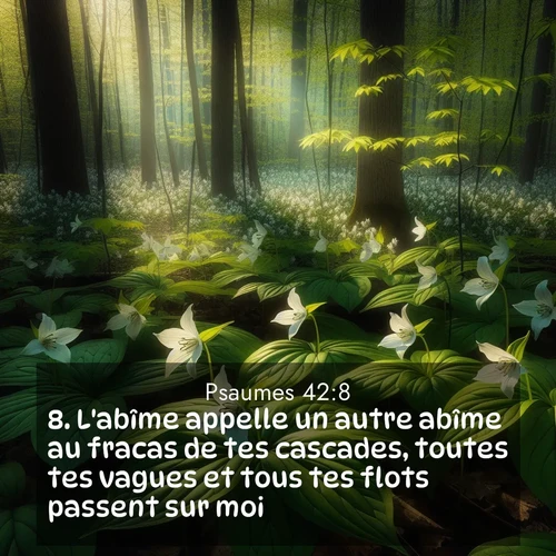 Segond21 Psaumes  ; image nature: image avec le verset biblique :L&#039;abîme appelle un autre abîme au fracas de tes cascades, toutes tes vagues et tous tes flots passent sur moi. ;  ; 42:8