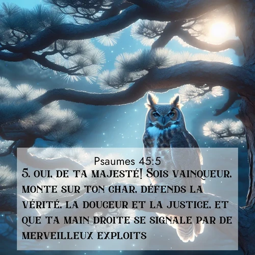Segond21 Psaumes  ; image nature: image avec le verset biblique :oui, de ta majesté! Sois vainqueur, monte sur ton char, défends la vérité, la douceur et la justice, et que ta main droite se signale par de merveilleux exploits! ;  ; 45:5