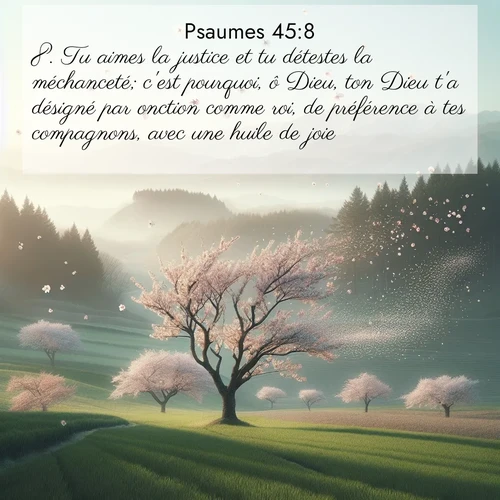 Segond21 Psaumes  ; image nature: image avec le verset biblique :Tu aimes la justice et tu détestes la méchanceté; c&#039;est pourquoi, ô Dieu, ton Dieu t&#039;a désigné par onction comme roi, de préférence à tes compagnons, avec une huile de joie. ;  ; 45:8
