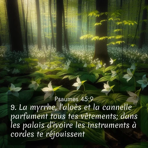 Segond21 Psaumes  ; image nature: image avec le verset biblique :La myrrhe, l&#039;aloès et la cannelle parfument tous tes vêtements; dans les palais d&#039;ivoire les instruments à cordes te réjouissent. ;  ; 45:9