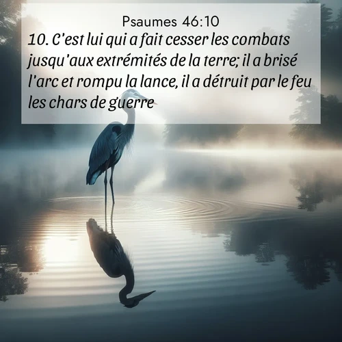 Segond21 Psaumes  ; image nature: image avec le verset biblique :C&#039;est lui qui a fait cesser les combats jusqu&#039;aux extrémités de la terre; il a brisé l&#039;arc et rompu la lance, il a détruit par le feu les chars de guerre. ;  ; 46:10