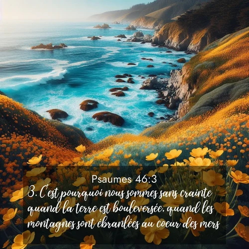 Segond21 Psaumes  ; image nature: image avec le verset biblique :C&#039;est pourquoi nous sommes sans crainte quand la terre est bouleversée, quand les montagnes sont ébranlées au coeur des mers ;  ; 46:3