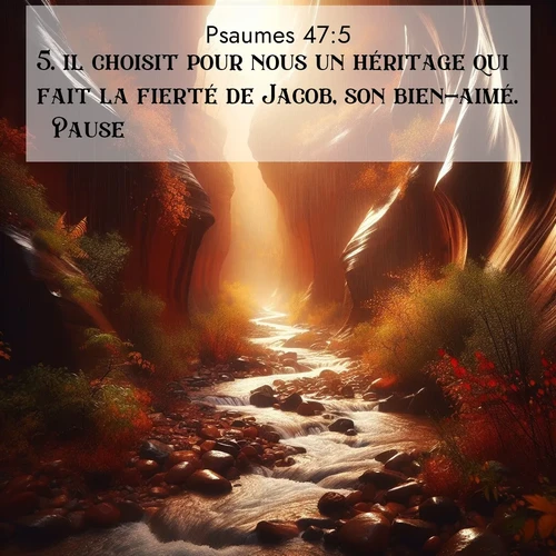 Segond21 Psaumes  ; image nature: image avec le verset biblique :il choisit pour nous un héritage qui fait la fierté de Jacob, son bien-aimé.     Pause. ;  ; 47:5