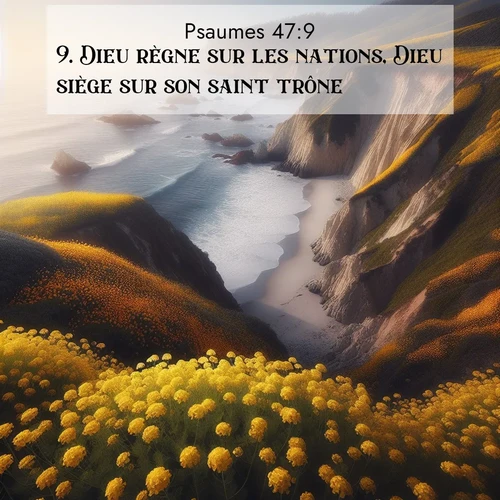 Segond21 Psaumes  ; image nature: image avec le verset biblique :Dieu règne sur les nations, Dieu siège sur son saint trône. ;  ; 47:9
