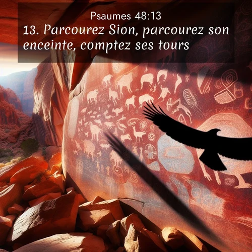 Segond21 Psaumes  ; image nature: image avec le verset biblique :Parcourez Sion, parcourez son enceinte, comptez ses tours, ;  ; 48:13