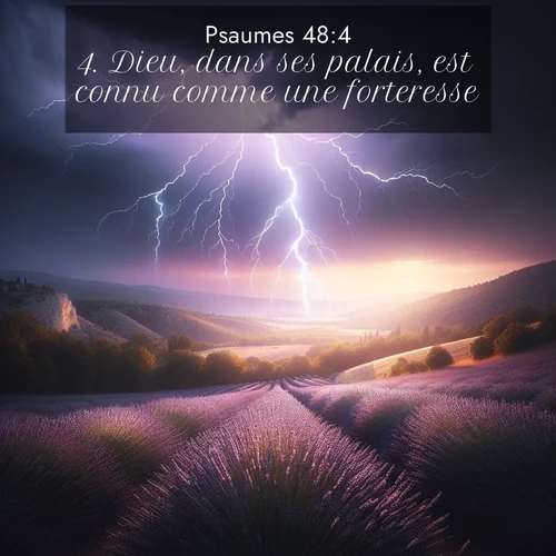 Segond21 Psaumes  ; image nature: image avec le verset biblique :Dieu, dans ses palais, est connu comme une forteresse. ;  ; 48:4