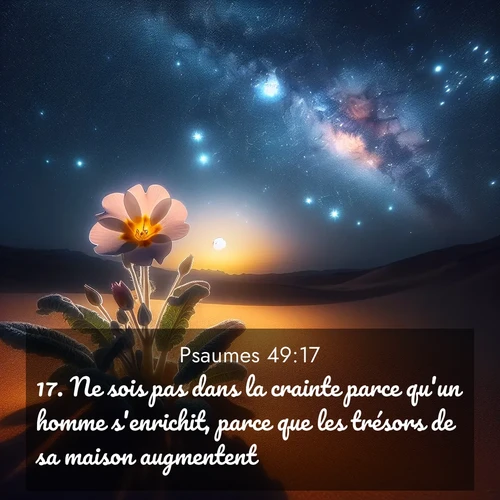 Segond21 Psaumes  ; image nature: image avec le verset biblique :Ne sois pas dans la crainte parce qu&#039;un homme s&#039;enrichit, parce que les trésors de sa maison augmentent, ;  ; 49:17