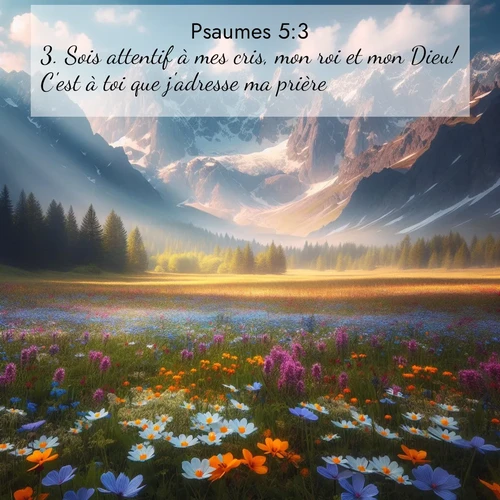 Segond21 Psaumes  ; image nature: image avec le verset biblique :Sois attentif à mes cris, mon roi et mon Dieu! C&#039;est à toi que j&#039;adresse ma prière. ;  ; 5:3