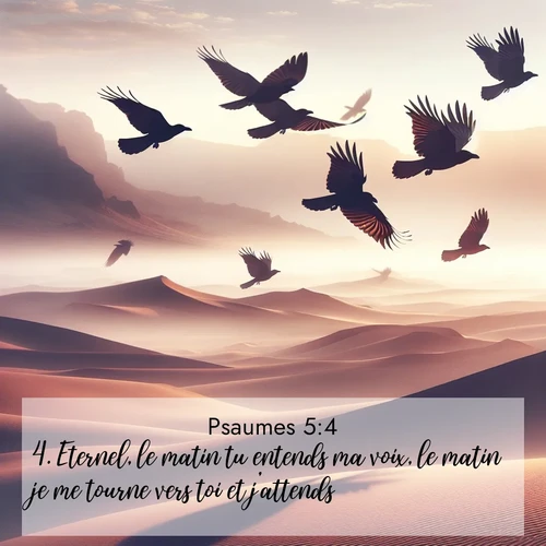 Segond21 Psaumes  ; image nature: image avec le verset biblique :Eternel, le matin tu entends ma voix, le matin je me tourne vers toi et j&#039;attends, ;  ; 5:4