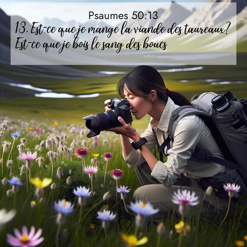 Segond21 Psaumes  ; image nature: image avec le verset biblique :Est-ce que je mange la viande des taureaux? Est-ce que je bois le sang des boucs? ;  ; 50:13