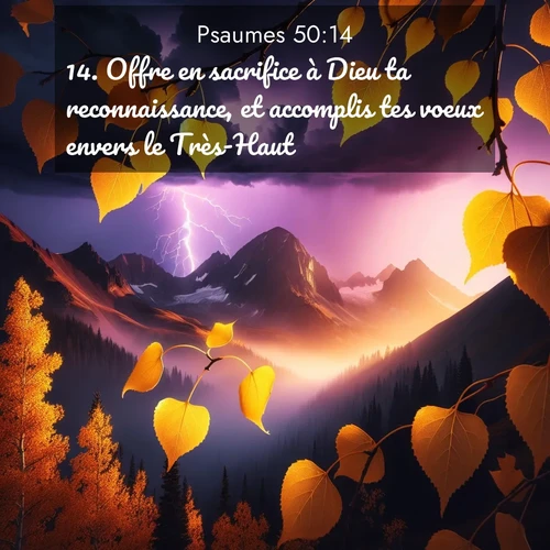 Segond21 Psaumes  ; image nature: image avec le verset biblique :Offre en sacrifice à Dieu ta reconnaissance, et accomplis tes voeux envers le Très-Haut. ;  ; 50:14