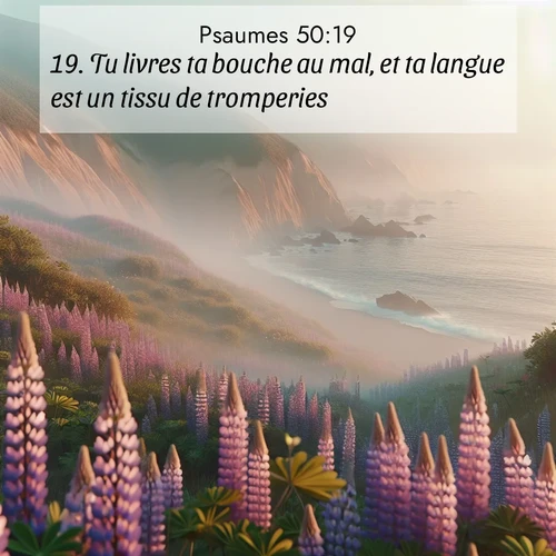 Segond21 Psaumes  ; image nature: image avec le verset biblique :Tu livres ta bouche au mal, et ta langue est un tissu de tromperies. ;  ; 50:19
