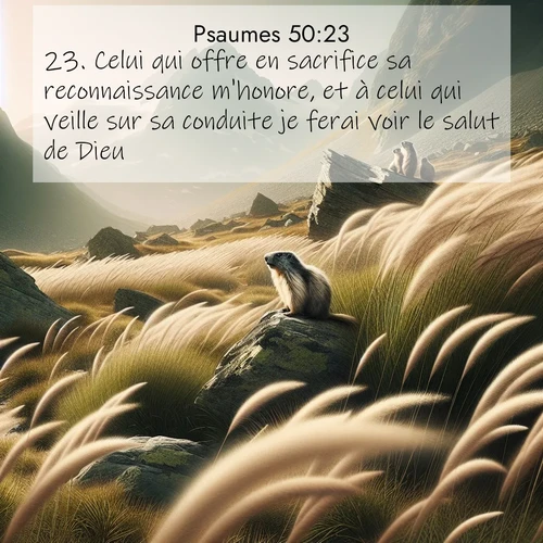 Segond21 Psaumes  ; image nature: image avec le verset biblique :Celui qui offre en sacrifice sa reconnaissance m&#039;honore, et à celui qui veille sur sa conduite je ferai voir le salut de Dieu.» ;  ; 50:23