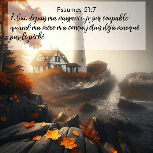 Segond21 Psaumes  ; image nature: image avec le verset biblique :Oui, depuis ma naissance, je suis coupable; quand ma mère m&#039;a conçu, j&#039;étais déjà marqué par le péché. ;  ; 51:7