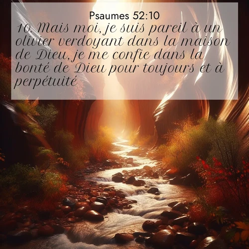 Segond21 Psaumes  ; image nature: image avec le verset biblique :Mais moi, je suis pareil à un olivier verdoyant dans la maison de Dieu, je me confie dans la bonté de Dieu pour toujours et à perpétuité. ;  ; 52:10