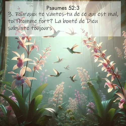 Segond21 Psaumes  ; image nature: image avec le verset biblique :Pourquoi te vantes-tu de ce qui est mal, toi l&#039;homme fort? La bonté de Dieu subsiste toujours. ;  ; 52:3