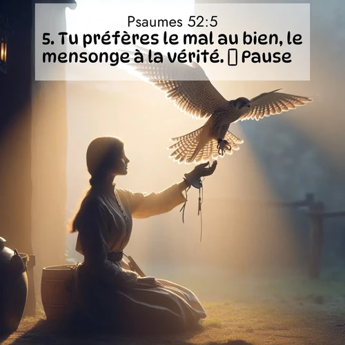 Segond21 Psaumes  ; image nature: image avec le verset biblique :Tu préfères le mal au bien, le mensonge à la vérité.          Pause. ;  ; 52:5
