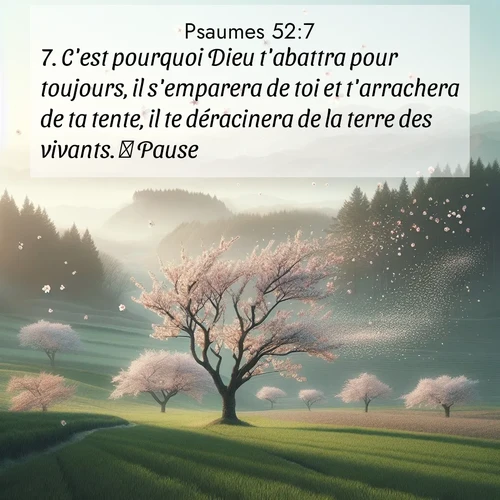 Segond21 Psaumes  ; image nature: image avec le verset biblique :C&#039;est pourquoi Dieu t&#039;abattra pour toujours, il s&#039;emparera de toi et t&#039;arrachera de ta tente, il te déracinera de la terre des vivants.          Pause. ;  ; 52:7