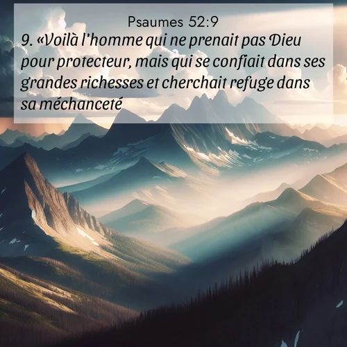 Segond21 Psaumes  ; image nature: image avec le verset biblique :«Voilà l&#039;homme qui ne prenait pas Dieu pour protecteur, mais qui se confiait dans ses grandes richesses et cherchait refuge dans sa méchanceté.» ;  ; 52:9