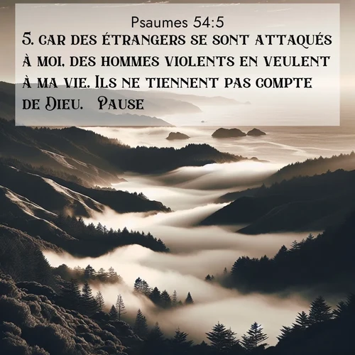 Segond21 Psaumes  ; image nature: image avec le verset biblique :car des étrangers se sont attaqués à moi, des hommes violents en veulent à ma vie. Ils ne tiennent pas compte de Dieu.   Pause. ;  ; 54:5