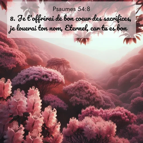Segond21 Psaumes  ; image nature: image avec le verset biblique :Je t&#039;offrirai de bon coeur des sacrifices, je louerai ton nom, Eternel, car tu es bon. ;  ; 54:8
