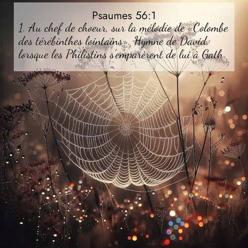 Segond21 Psaumes  ; image nature: image avec le verset biblique :Au chef de choeur, sur la mélodie de «Colombe des térébinthes lointains». Hymne de David, lorsque les Philistins s&#039;emparèrent de lui à Gath. ;  ; 56:1