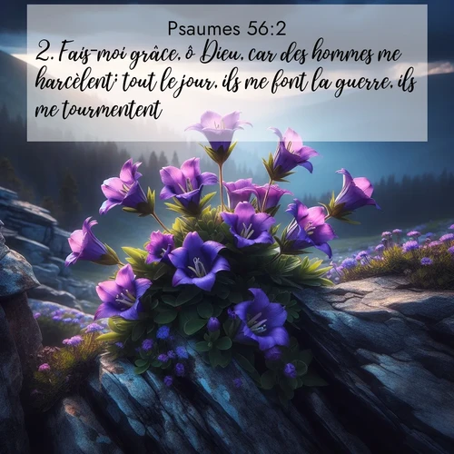 Segond21 Psaumes  ; image nature: image avec le verset biblique :Fais-moi grâce, ô Dieu, car des hommes me harcèlent; tout le jour, ils me font la guerre, ils me tourmentent. ;  ; 56:2