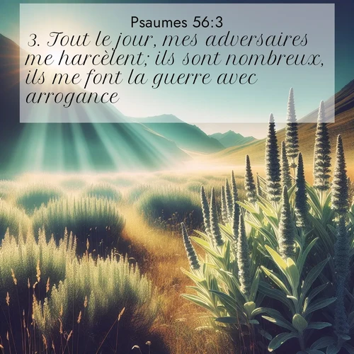 Segond21 Psaumes  ; image nature: image avec le verset biblique :Tout le jour, mes adversaires me harcèlent; ils sont nombreux, ils me font la guerre avec arrogance. ;  ; 56:3