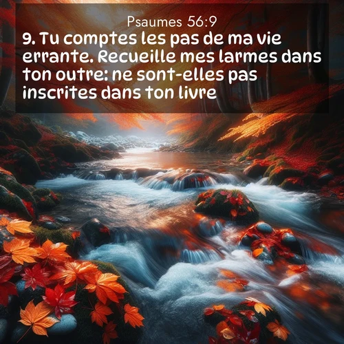 Segond21 Psaumes  ; image nature: image avec le verset biblique :Tu comptes les pas de ma vie errante. Recueille mes larmes dans ton outre: ne sont-elles pas inscrites dans ton livre? ;  ; 56:9