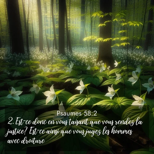 Segond21 Psaumes  ; image nature: image avec le verset biblique :Est-ce donc en vous taisant que vous rendez la justice? Est-ce ainsi que vous jugez les hommes avec droiture? ;  ; 58:2