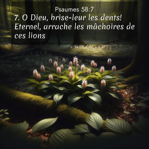 Segond21 Psaumes  ; image nature: image avec le verset biblique :O Dieu, brise-leur les dents! Eternel, arrache les mâchoires de ces lions! ;  ; 58:7
