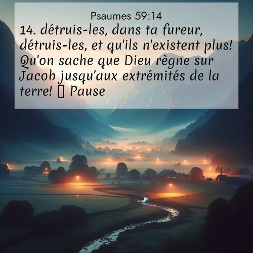 Segond21 Psaumes  ; image nature: image avec le verset biblique :détruis-les, dans ta fureur, détruis-les, et qu&#039;ils n&#039;existent plus! Qu&#039;on sache que Dieu règne sur Jacob jusqu&#039;aux extrémités de la terre!       Pause. ;  ; 59:14