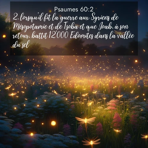 Segond21 Psaumes  ; image nature: image avec le verset biblique :lorsqu&#039;il fit la guerre aux Syriens de Mésopotamie et de Tsoba et que Joab, à son retour, battit 12&#039;000 Edomites dans la vallée du sel. ;  ; 60:2